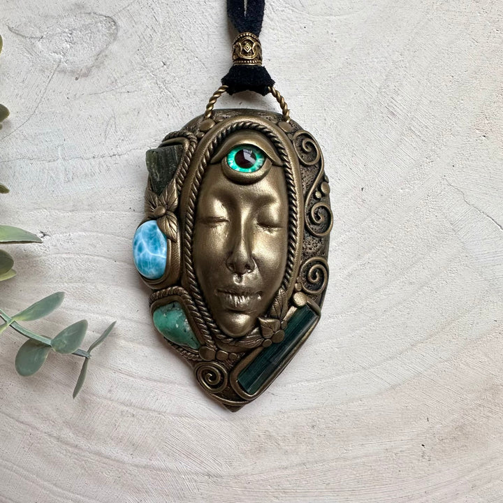 Moldavite paired with larimar emerald and tourmaline in a Goddess necklace