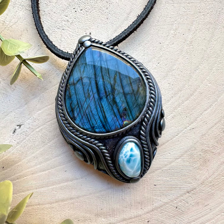 Handmade necklace with labradorite and larimar gemstone pendant