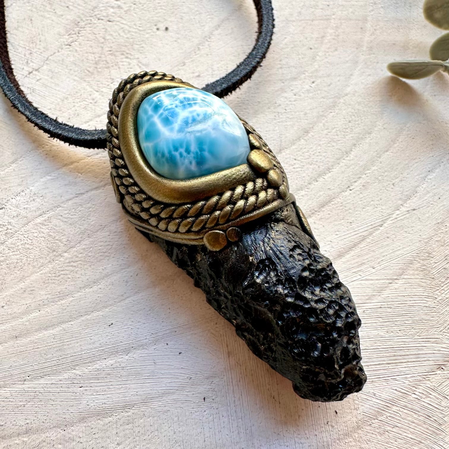 One of a kind tektite and larimar gemstone necklace, spiritual gifts