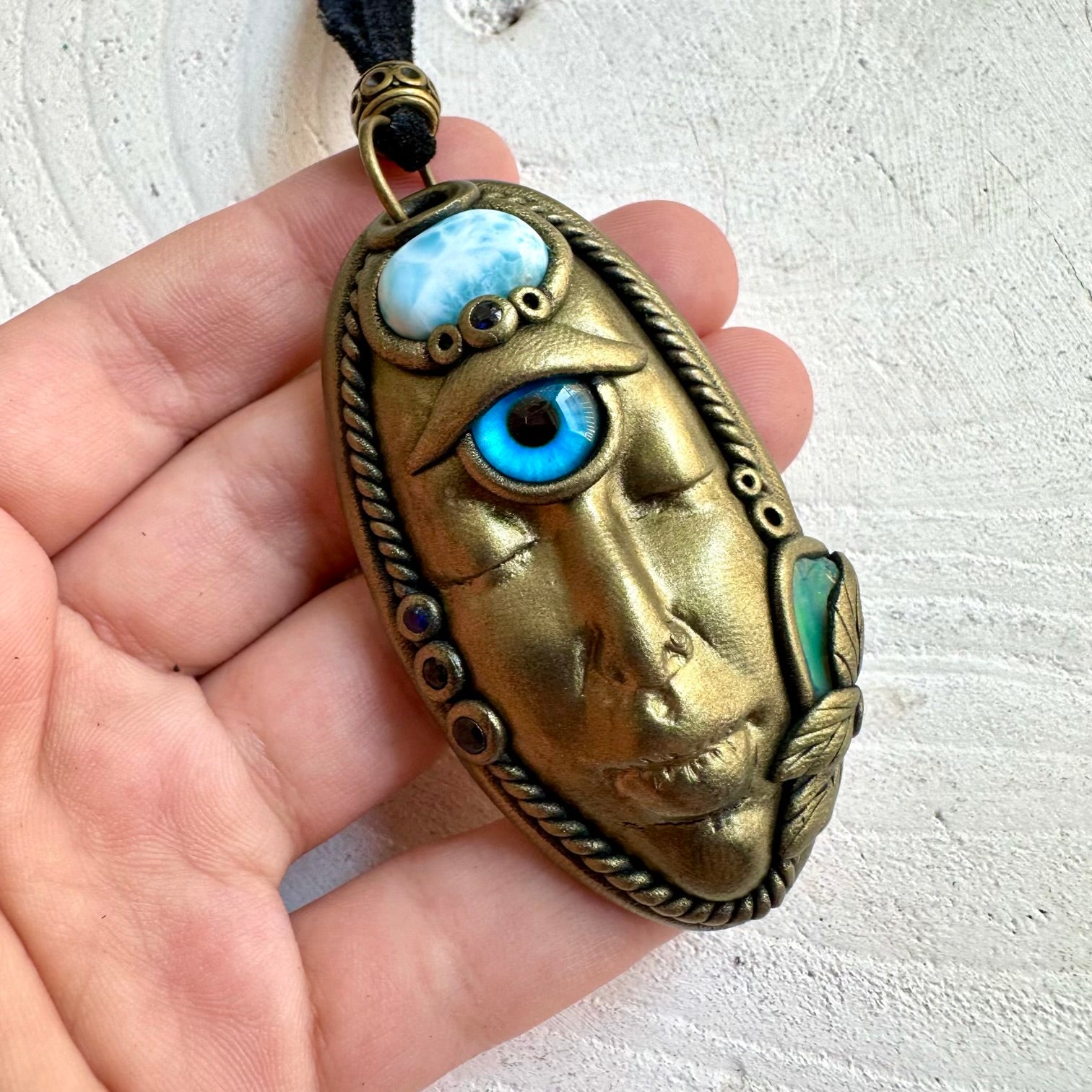 One of a kind Goddess pendant with soft blue Larimar, colorful Raw Ethiopian Opal and Blue Sapphire.
