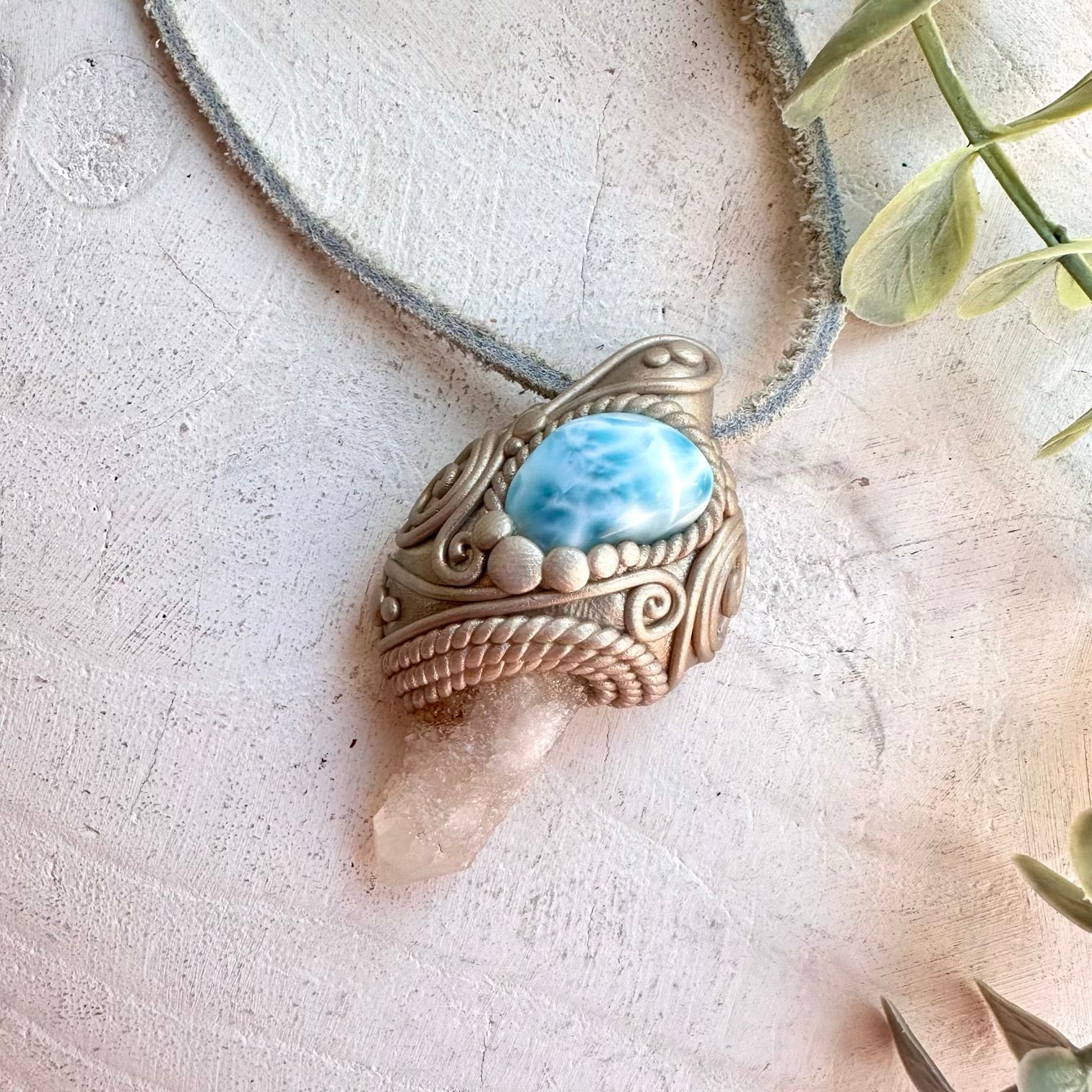 Boho jewelry protection amulet crystal necklace with Fairy Quartz and Larimar gemstones