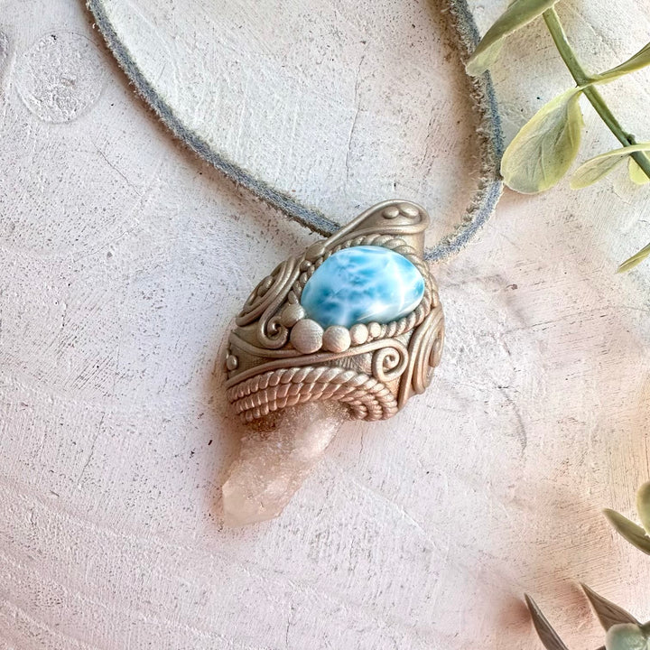 Boho jewelry protection amulet crystal necklace with Fairy Quartz and Larimar gemstones