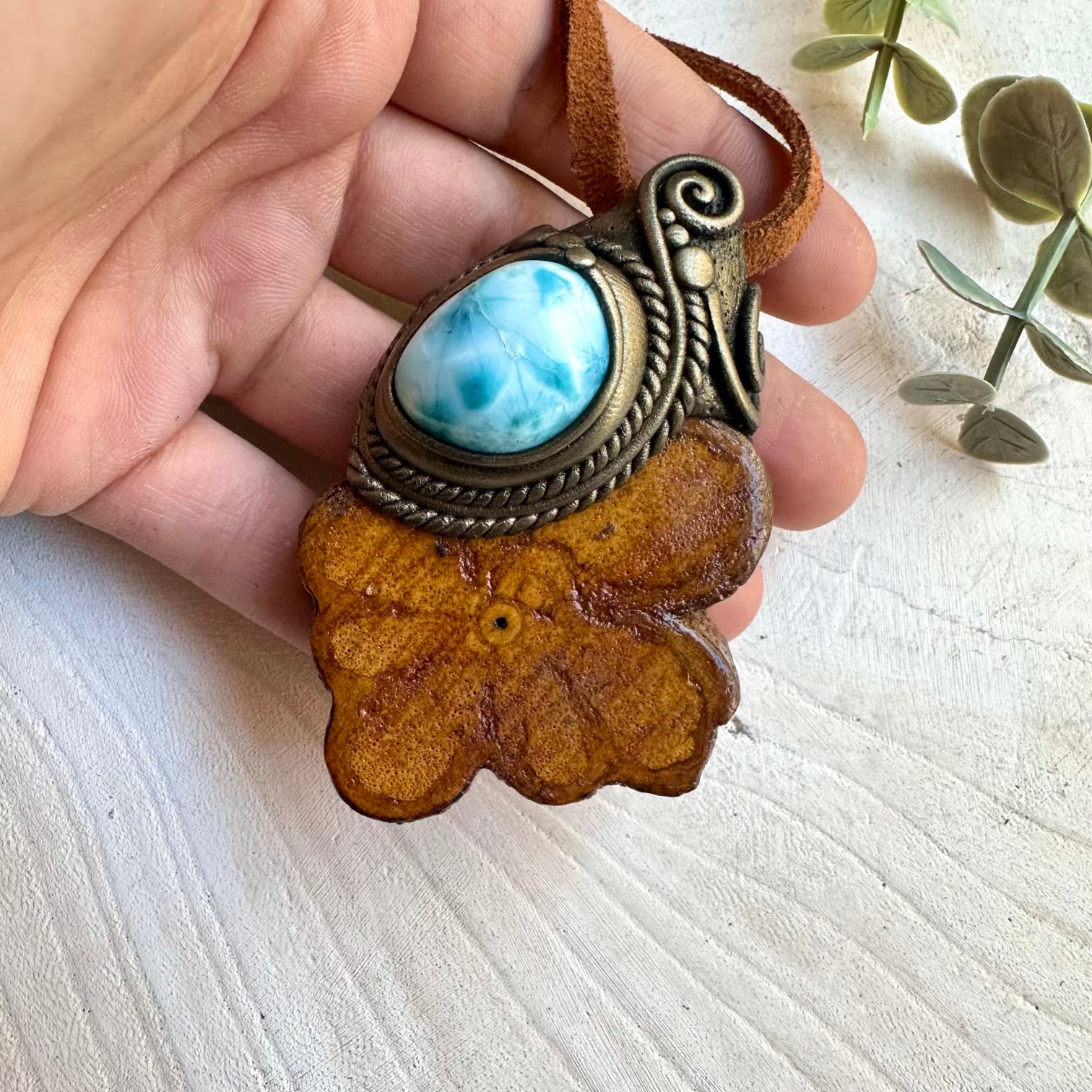 Natural gemstone shamanic necklace with larimar and ayahuasca vine