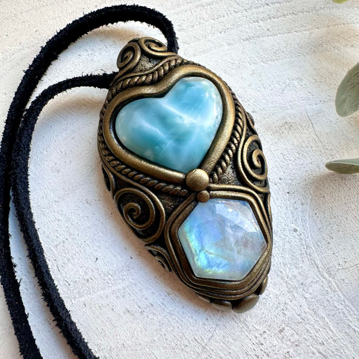 Natural gemstone necklace with larimar heart and moonstone