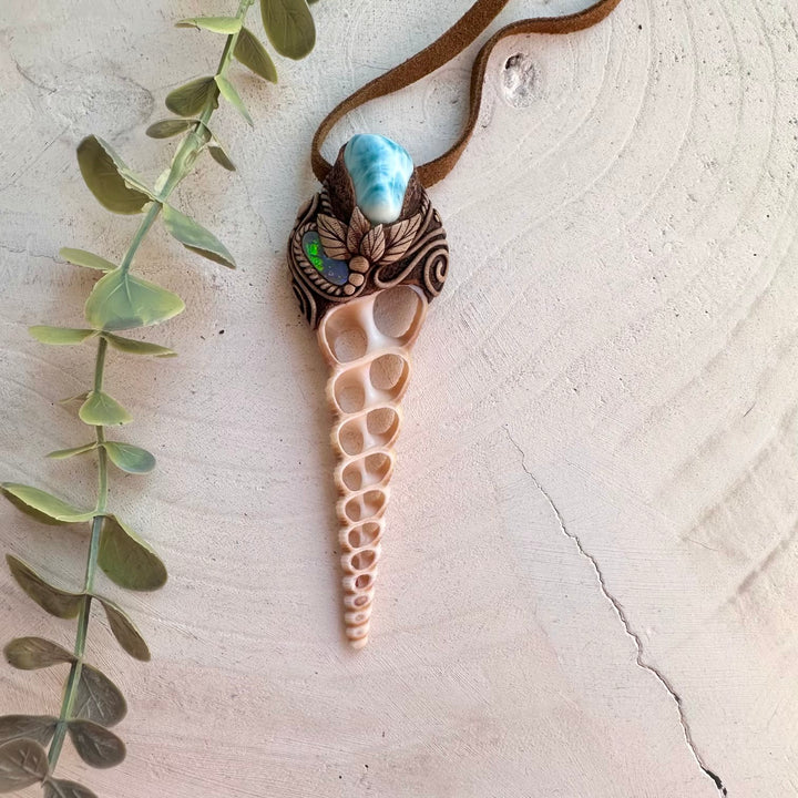 Larimar and Australian Gray Opal necklace with natural seashell pendant