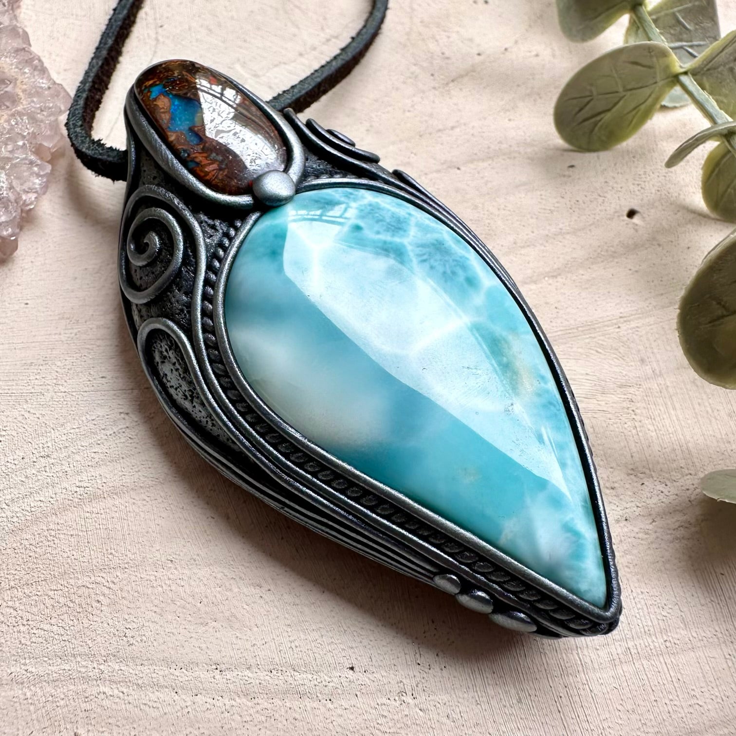 Natural gemstone necklace with larimar and opal
