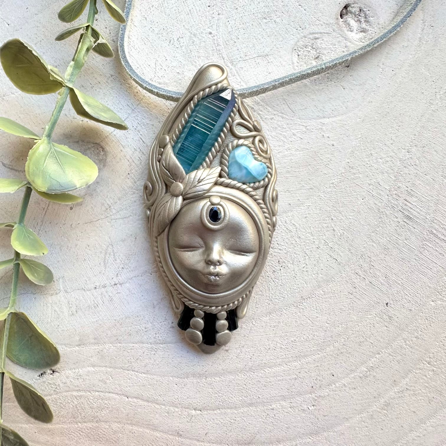 Handmade crystal necklace with larimar heart and aqua aura quartz