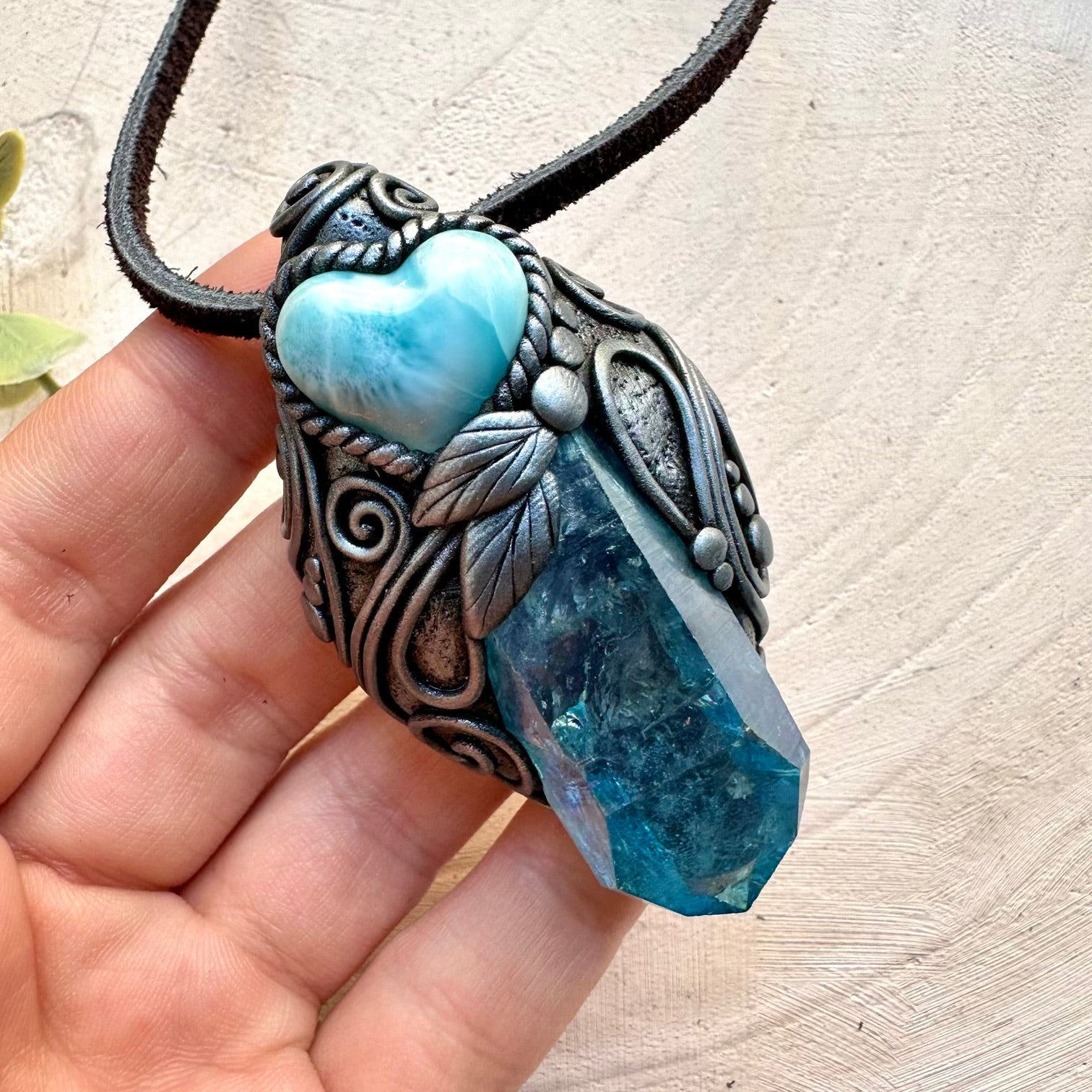 Handmade necklace with aura quartz and larimar heart pendant