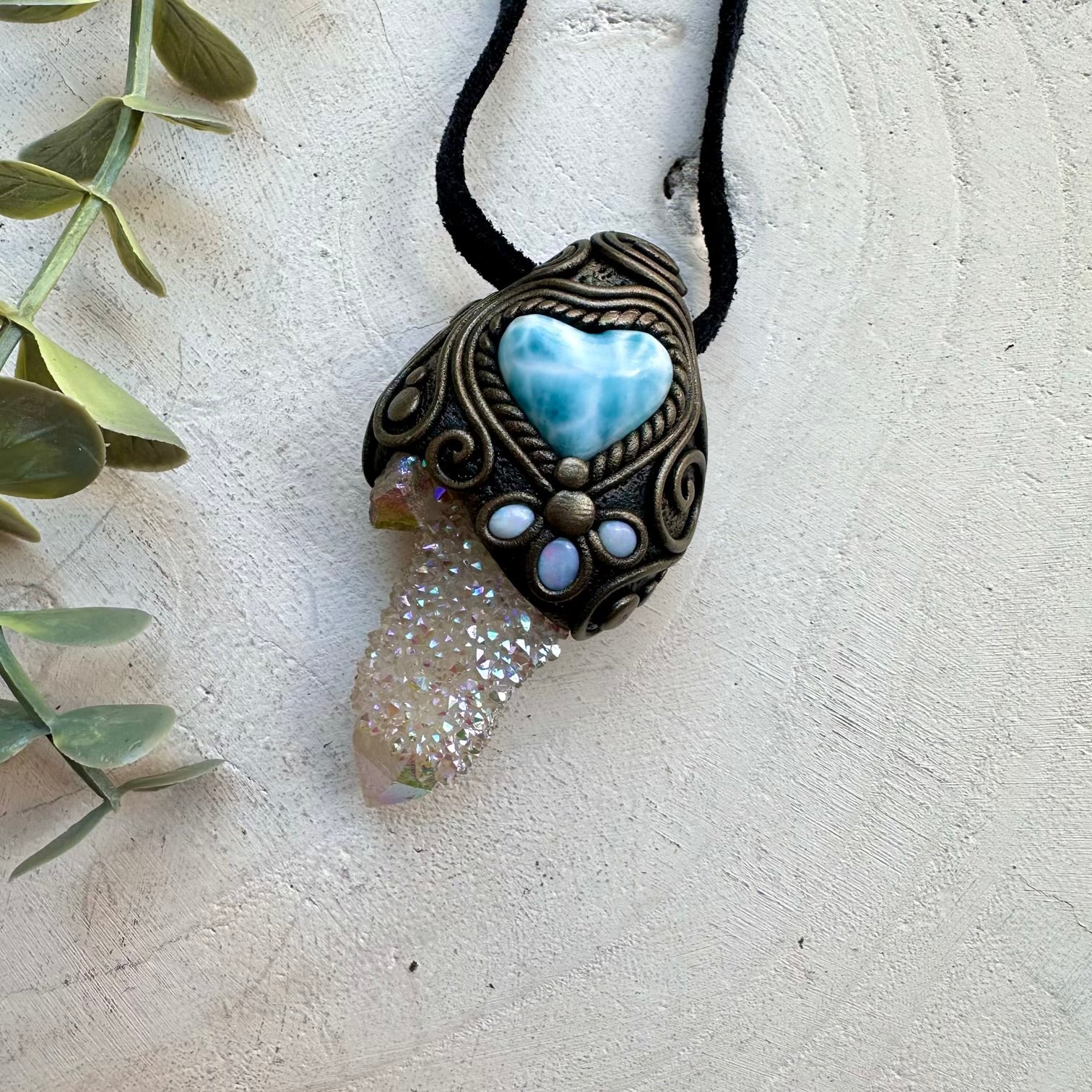 Handmade necklace with aura quartz larimar heart and opal