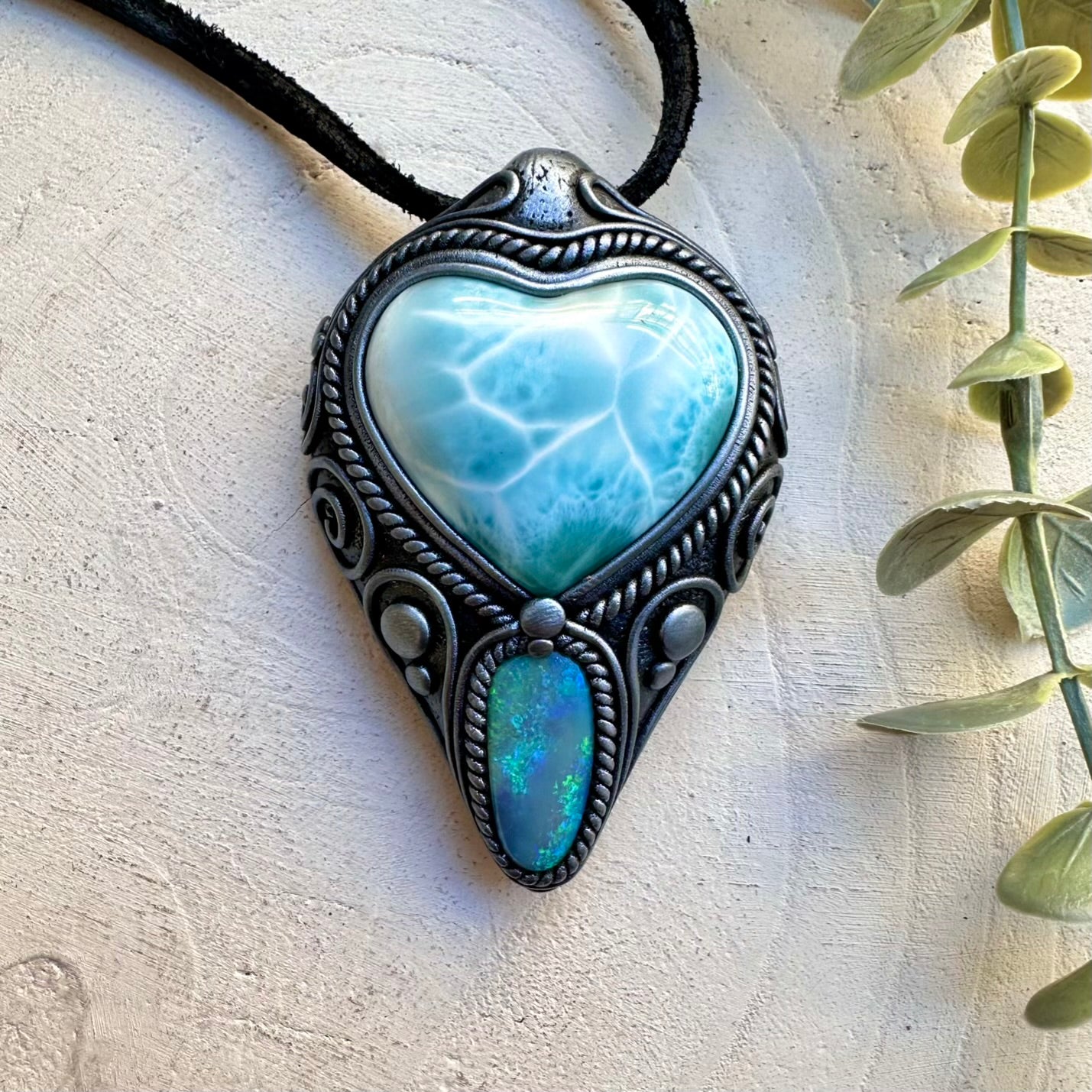Larimar heart and Australian opal necklace, handmade gemstone jewelry