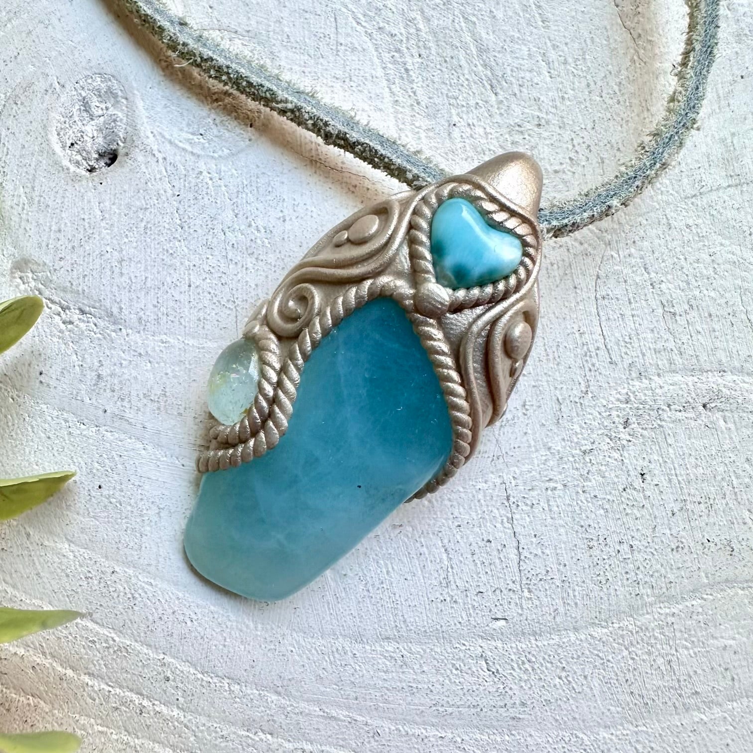 Healing crystal necklace fantasy jewelry aquamarine larimar pendant