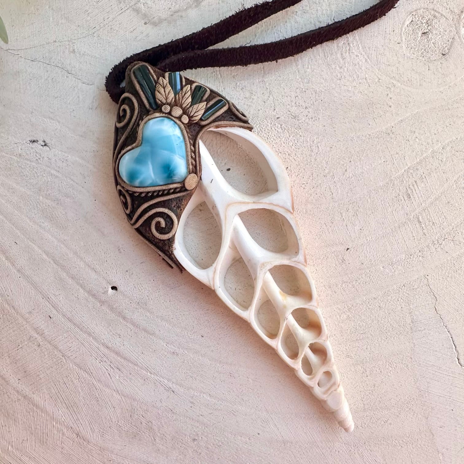 Larimar heart and Blue Tourmaline necklace with natural seashell pendant