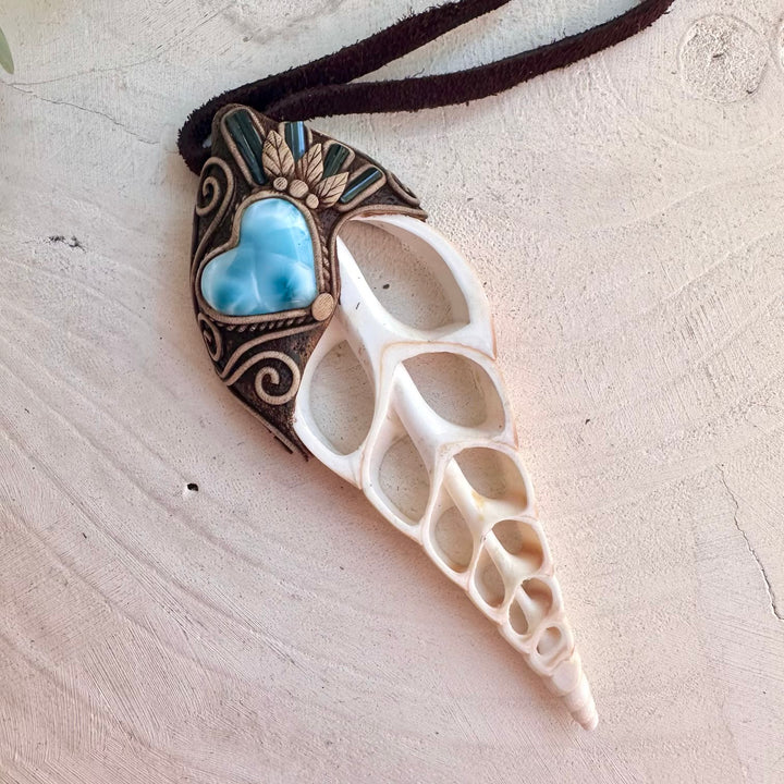 Larimar heart and Blue Tourmaline necklace with natural seashell pendant