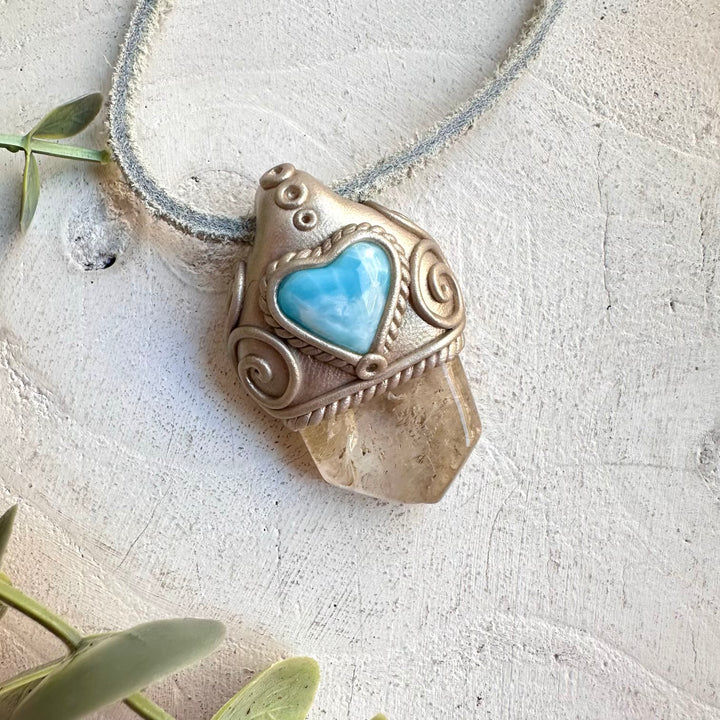 Healing crystal necklace fantasy jewelry citrine larimar heart pendant