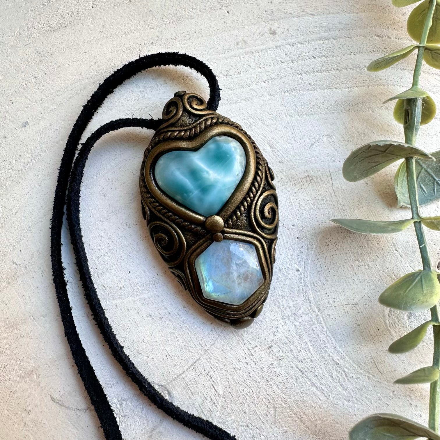 Spiritual jewelry combining larimar heart and moonstone