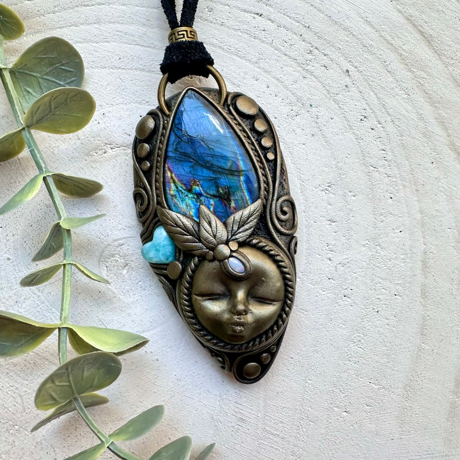 Handmade crystal necklace with labradorite larimar heart and opal