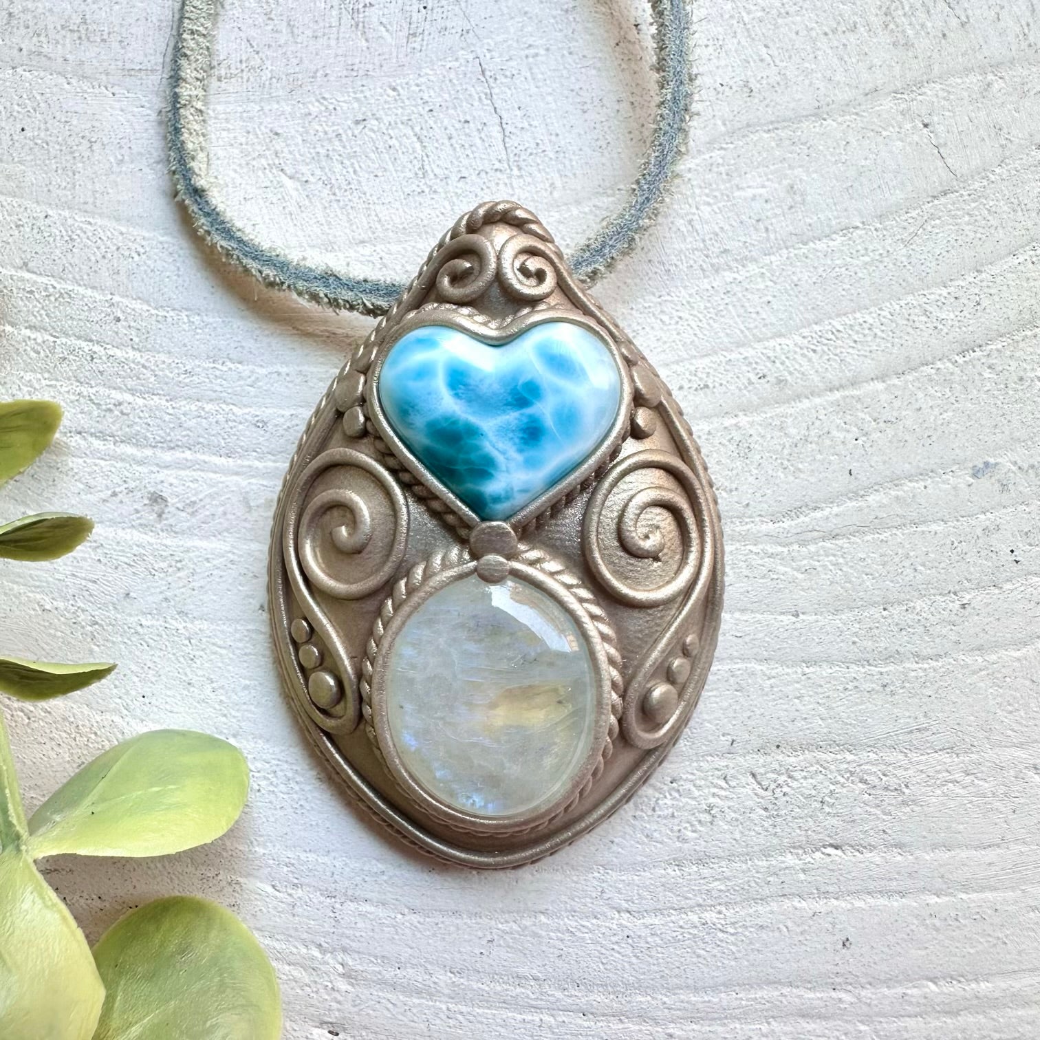 Larimar Heart and Moonstone necklace handmade boho healing crystal jewelry
