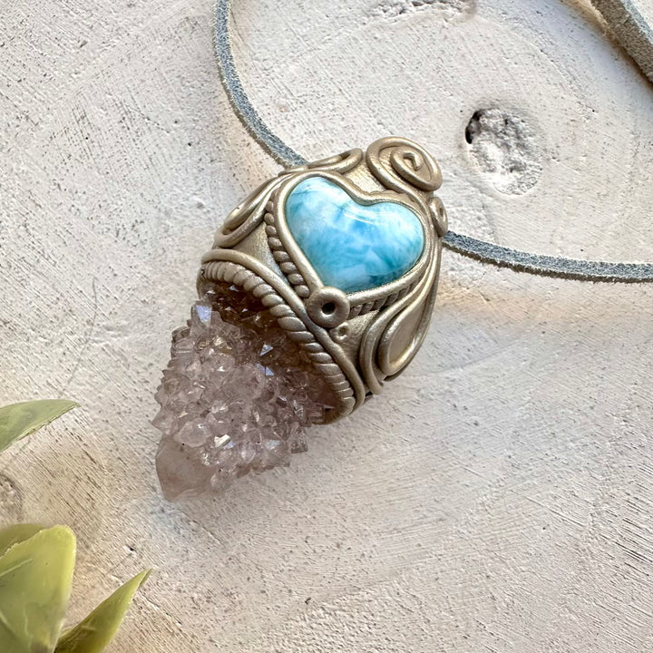 Energy pendant with spirit quartz and larimar heart