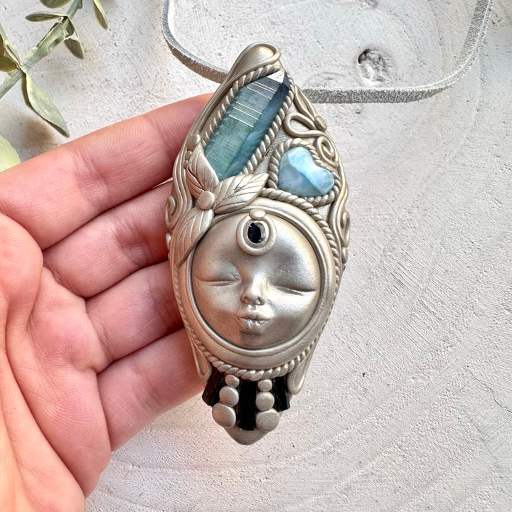 Artisan necklace with larimar heart and blue tourmaline gemstones