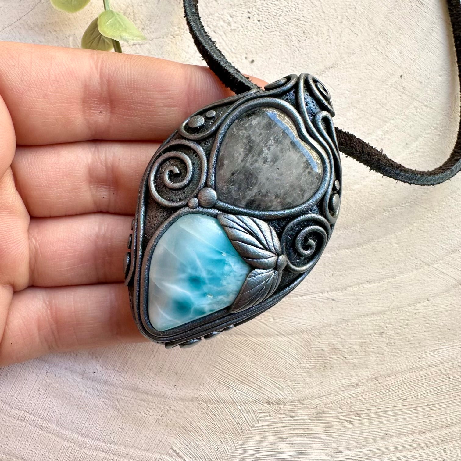Natural gemstone necklace with larimar and quartz heart