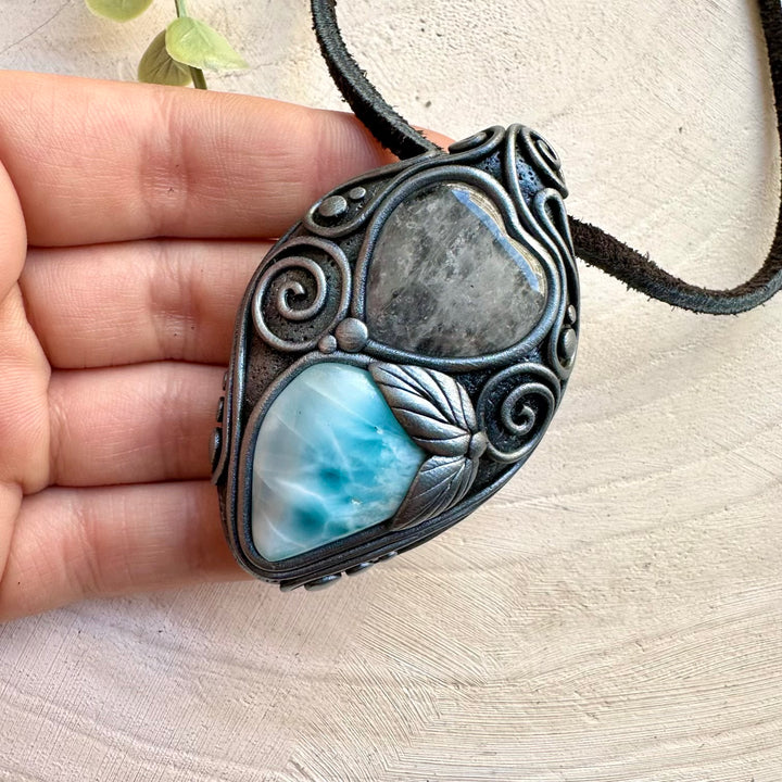 Natural gemstone necklace with larimar and quartz heart