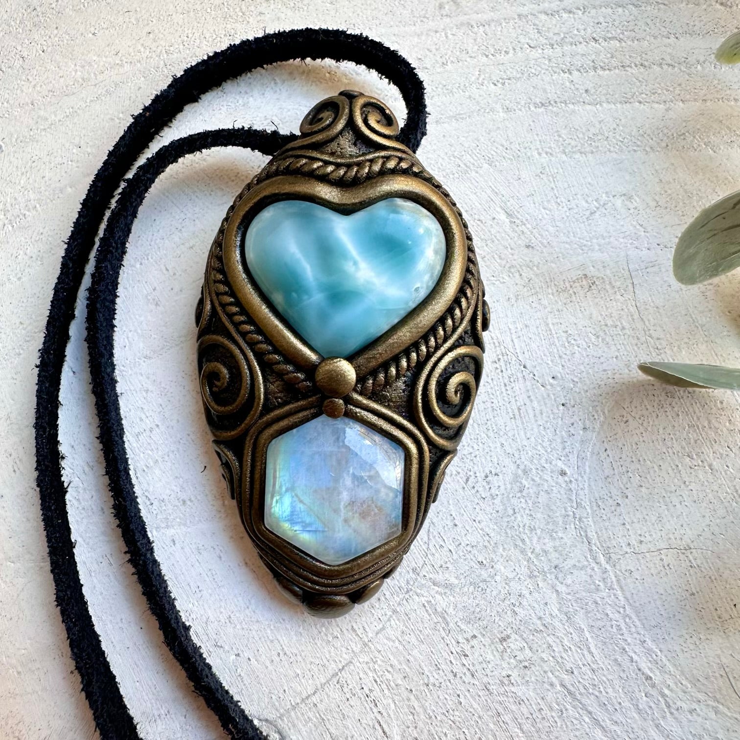 Larimar heart and rainbow moonstone necklace handmade gemstone jewelry
