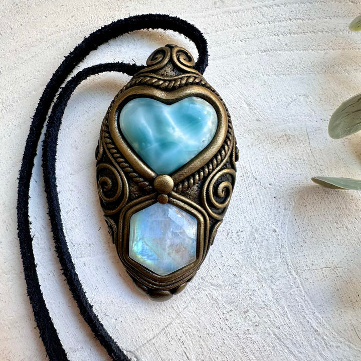 Larimar heart and rainbow moonstone necklace handmade gemstone jewelry