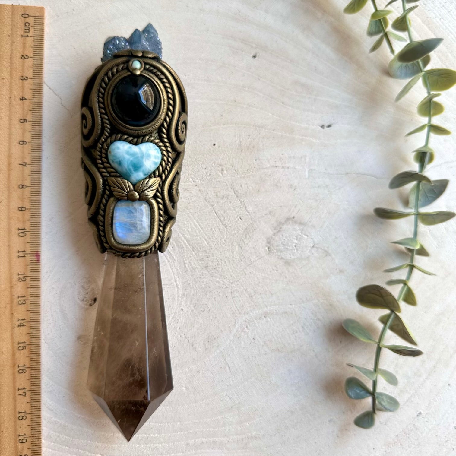 Handmade Smoky Quartz crystal wand with Aqua Aura Spirit Quartz Cluster, Larimar Heart, Rainbow Obsidian, Rainbow Moonstone and Australian Opal.
