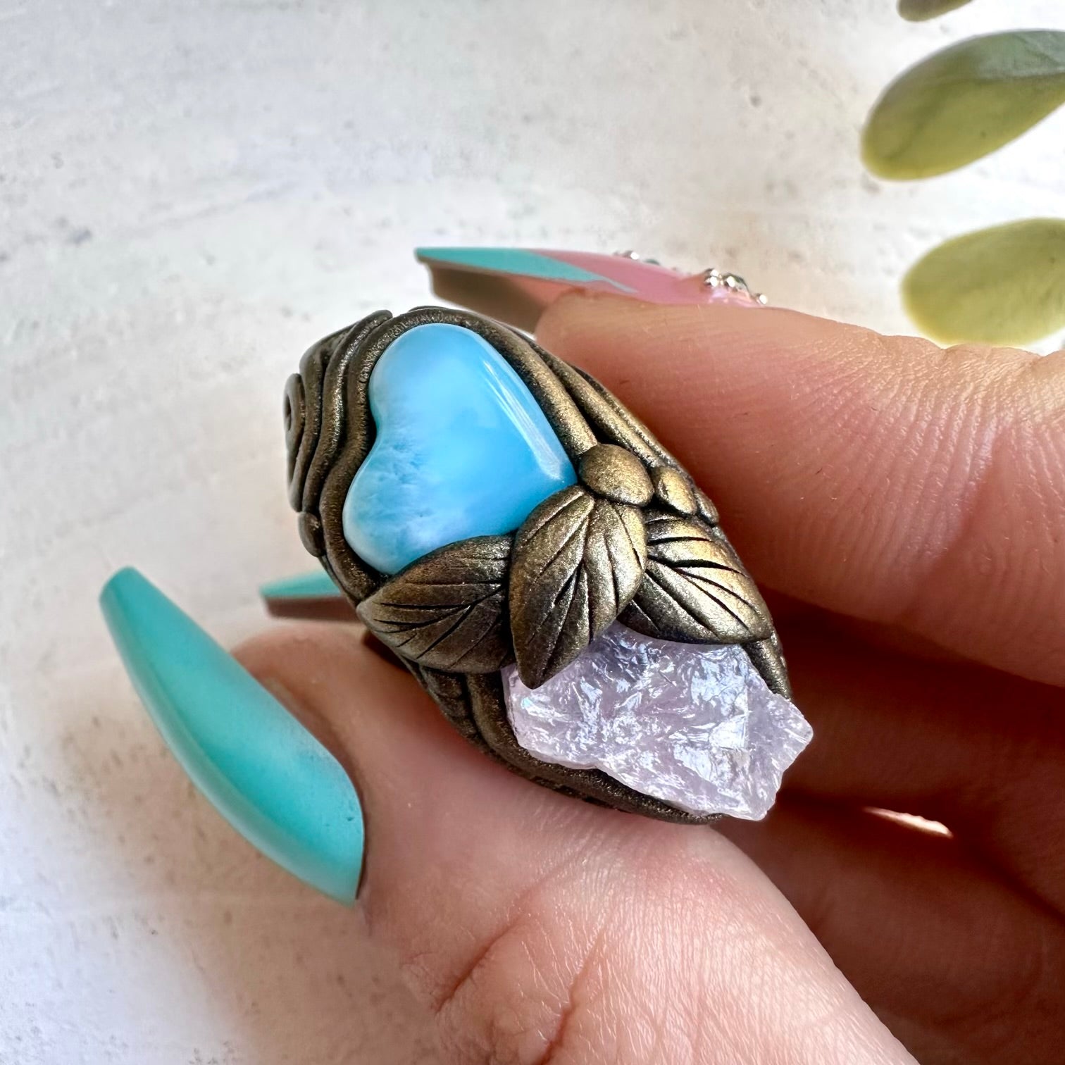 Larimar heart and raw rose quartz handmade gemstone ring