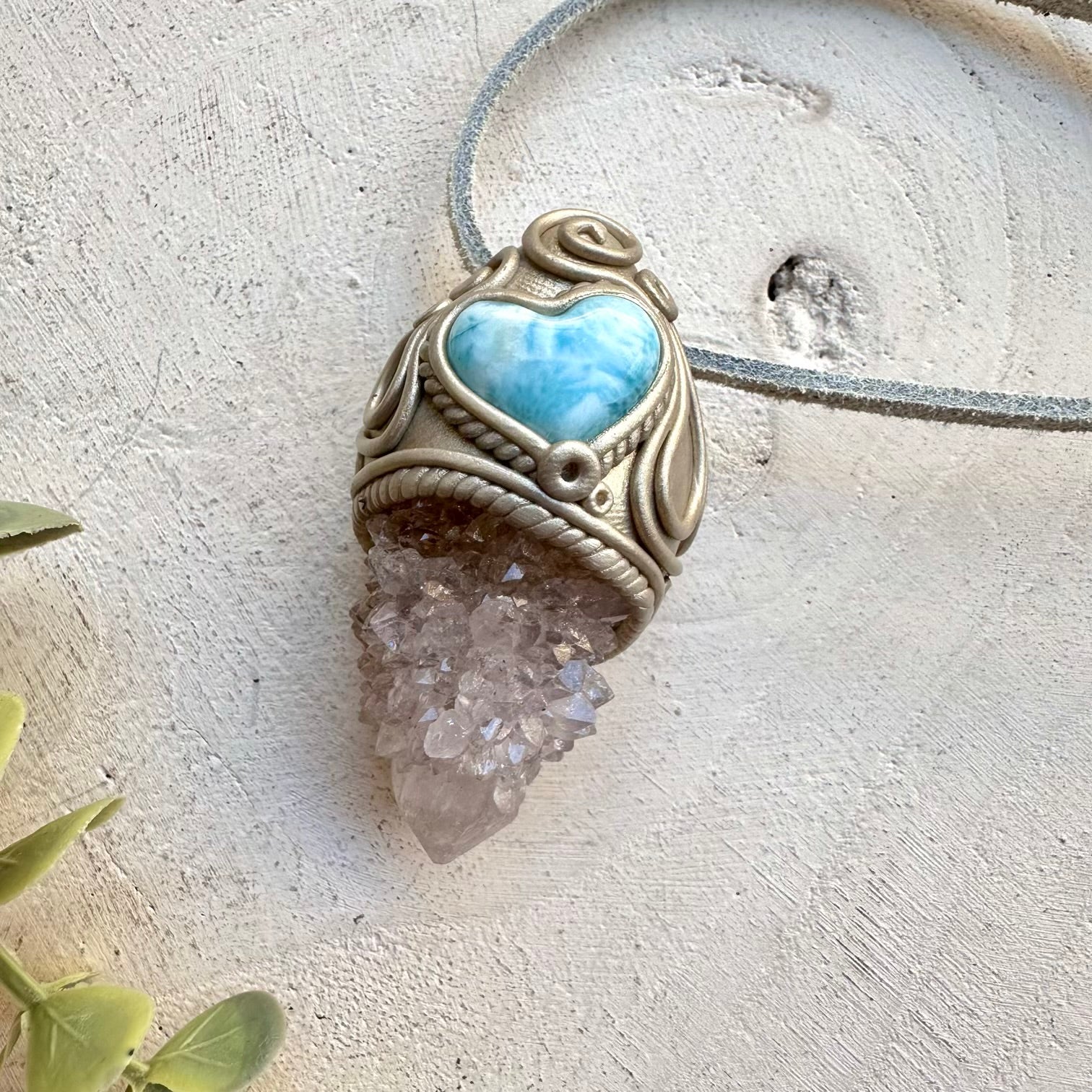Handmade necklace with larimar heart and spirit quartz