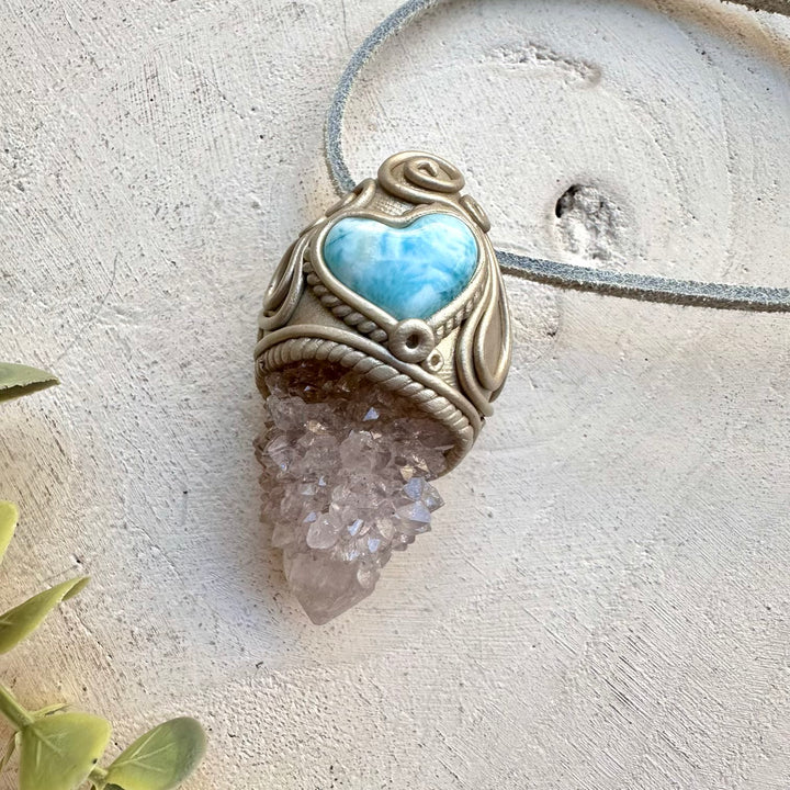 Handmade necklace with larimar heart and spirit quartz