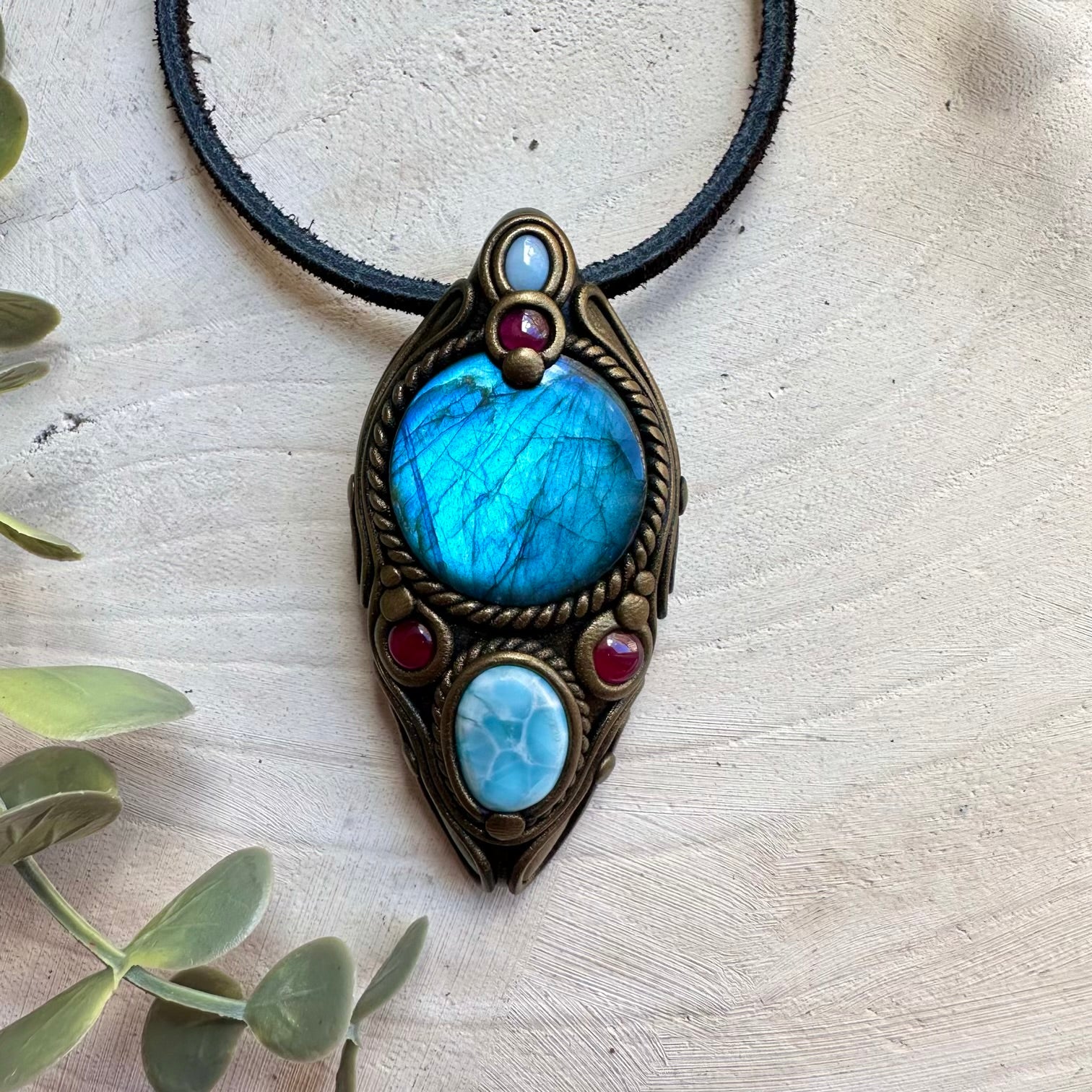 Handmade multi stone necklace with labradorite and larimar