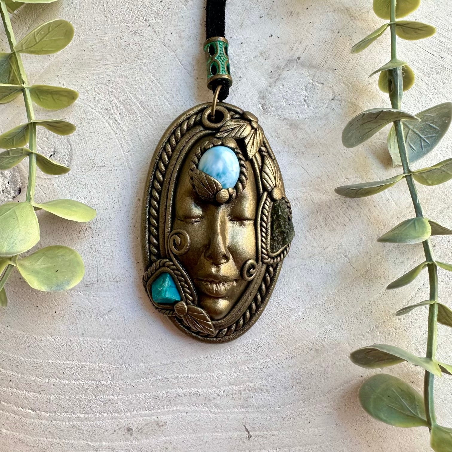 Handmade spiritual necklace with Larimar, natural Chrysocolla and powerful Moldavite.