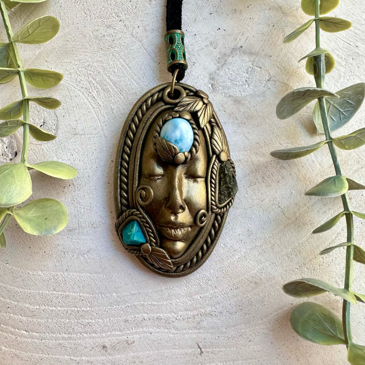 Handmade spiritual necklace with Larimar, natural Chrysocolla and powerful Moldavite.