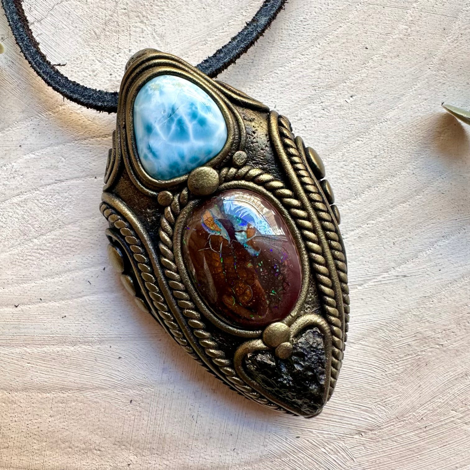 One of a kind opal larimar and moldavite gemstone necklace