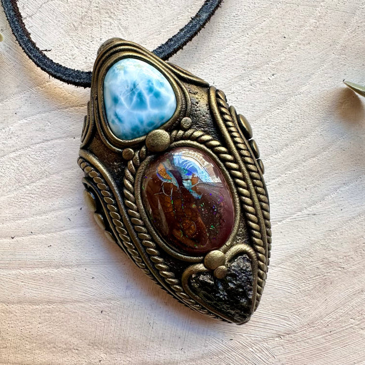 One of a kind opal larimar and moldavite gemstone necklace