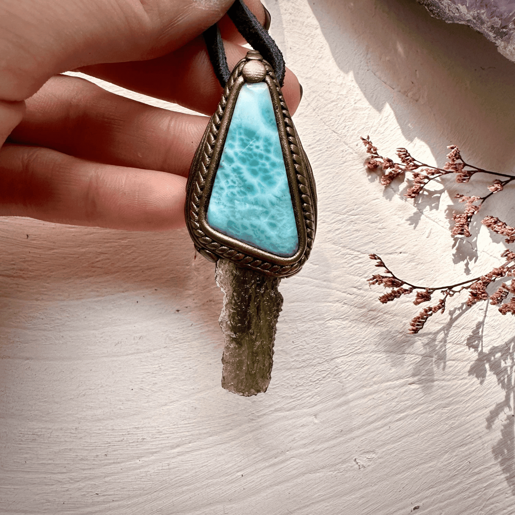 Larimar and Moldavite Pendant Necklace - FairyGardenGlow