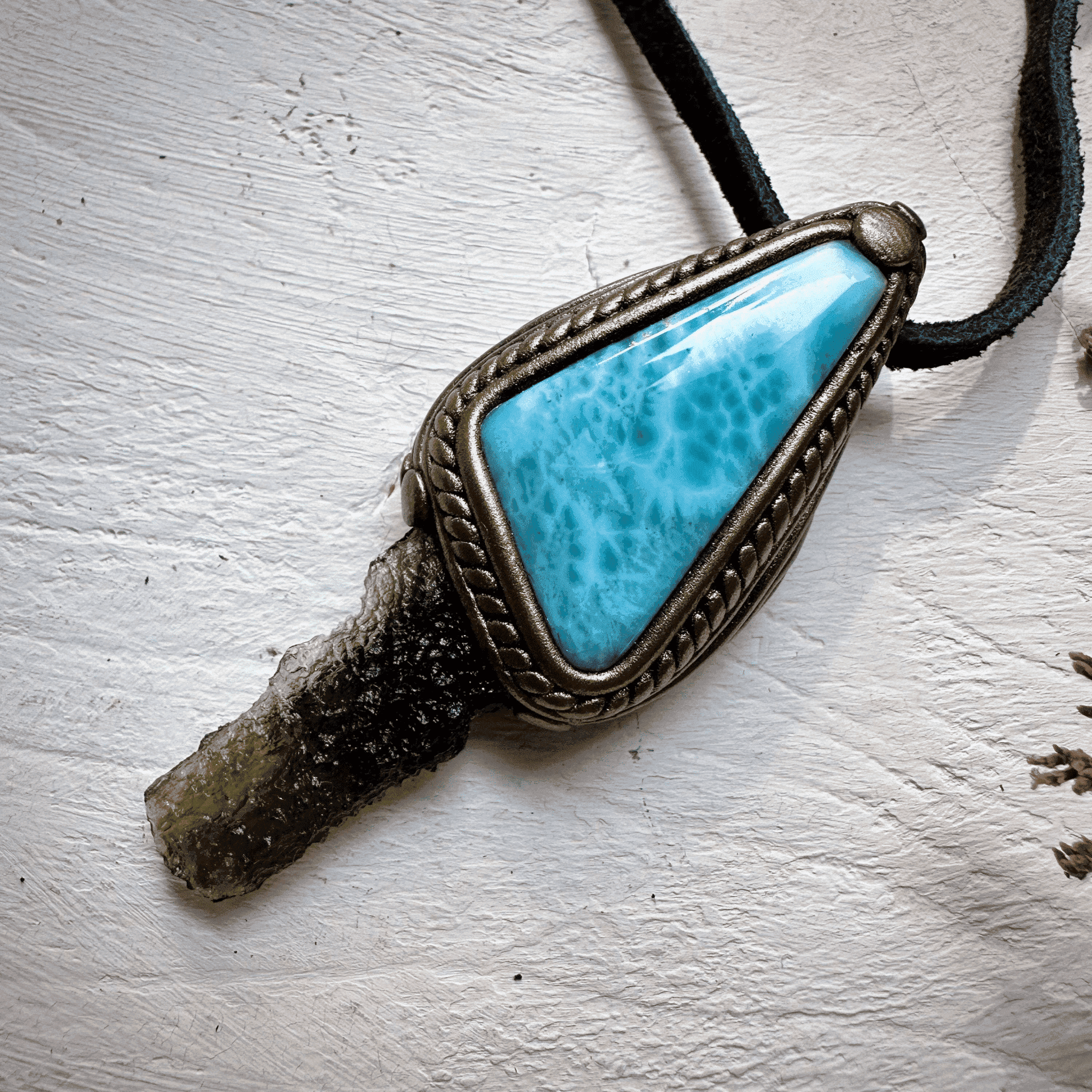Larimar and Moldavite Pendant Necklace - FairyGardenGlow