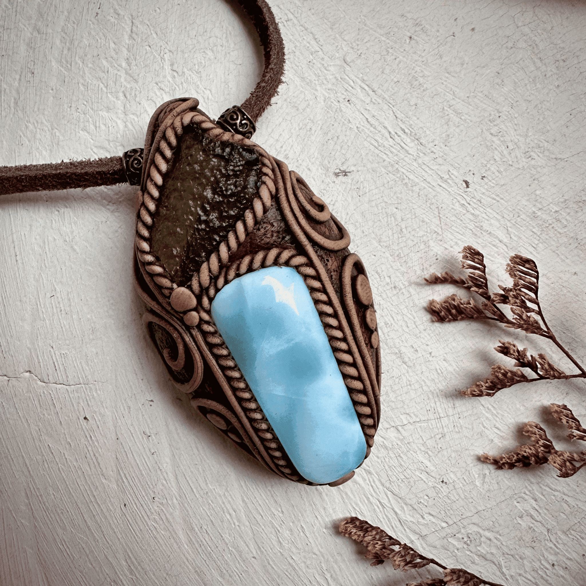 Larimar and Moldavite Pendant Necklace - FairyGardenGlow
