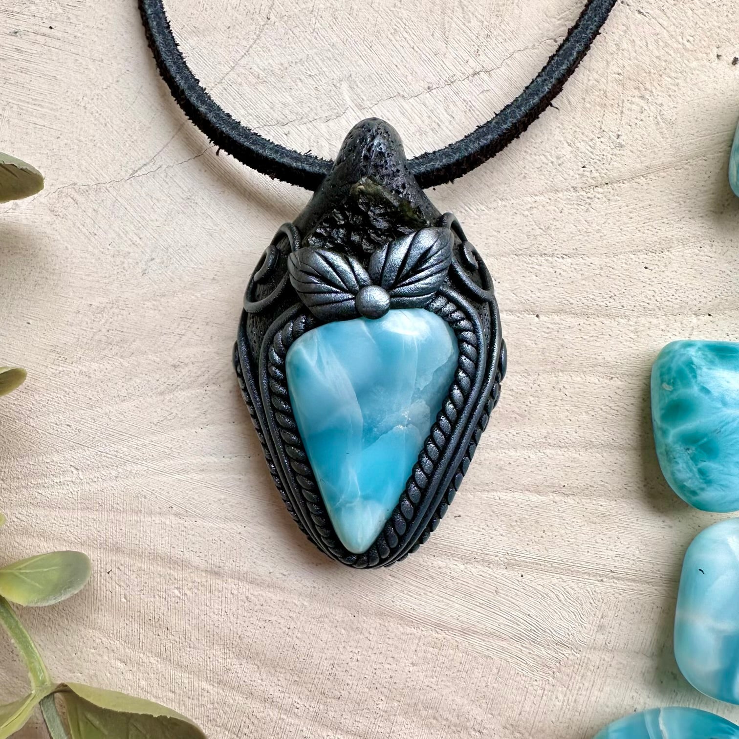Larimar and moldavite pendant necklace handmade crystal jewelry
