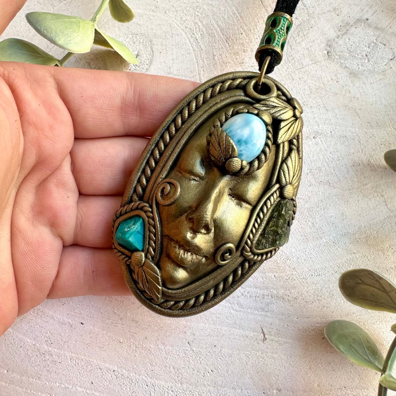 Unique Goddess pendant with soft blue Larimar, natural Chrysocolla and green Moldavite.