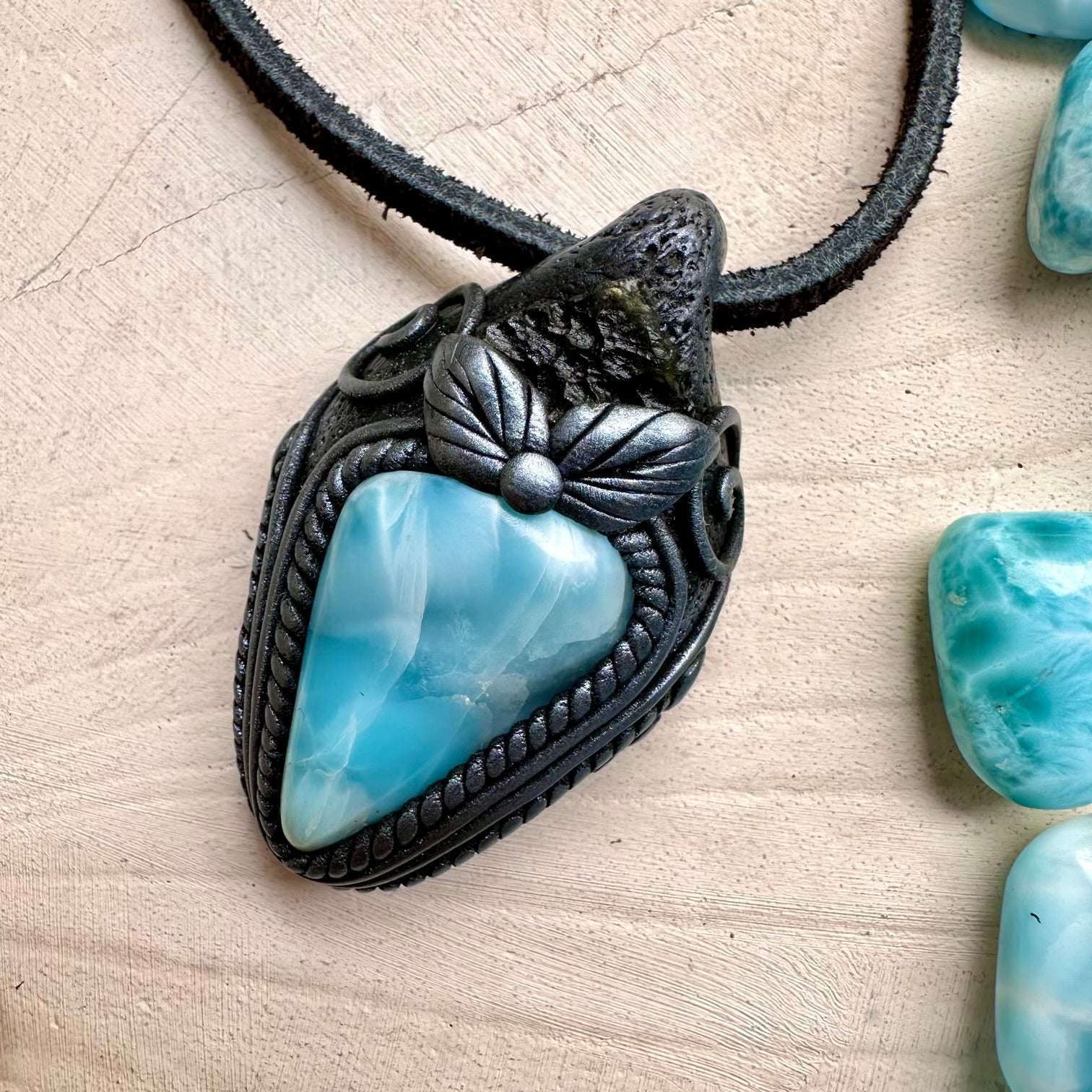 Moldavite and larimar unisex spiritual jewelry