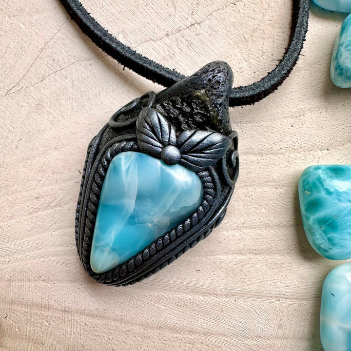 Moldavite and larimar unisex spiritual jewelry