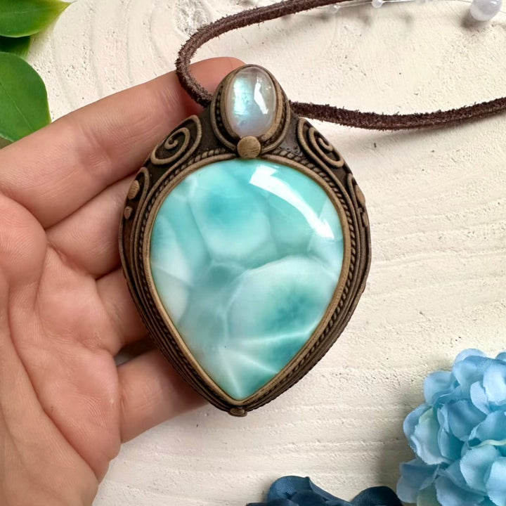 Boho-style necklace with Larimar and Rainbow Moonstone