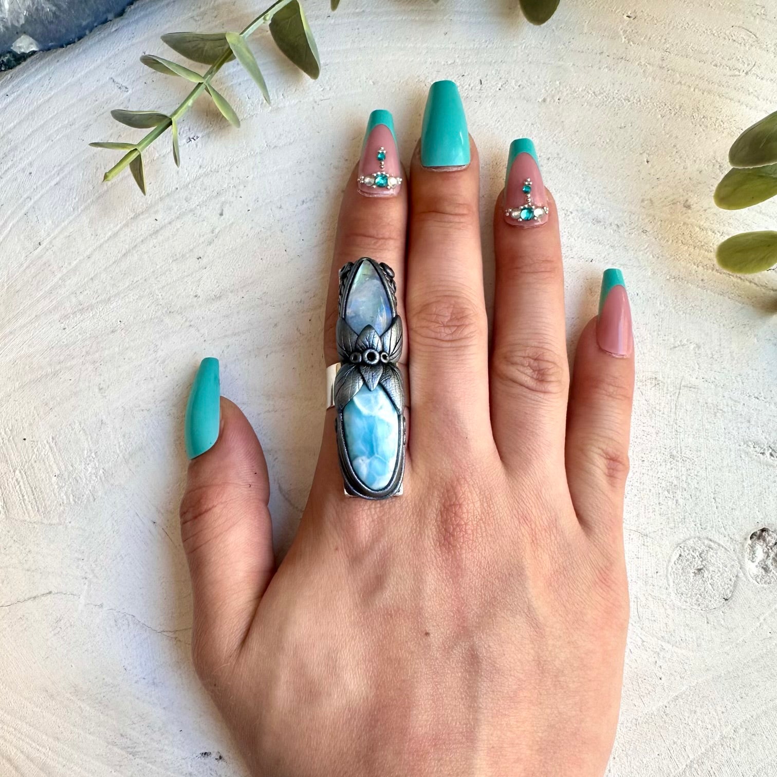 Handmade ring with larimar and rainbow moonstone gemstones