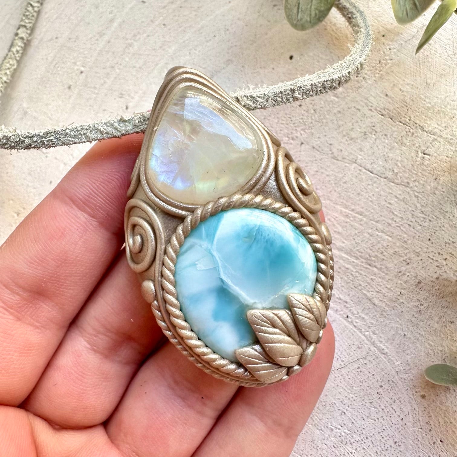 Crystal talisman necklace with larimar and rainbow moonstone ocean energy stones