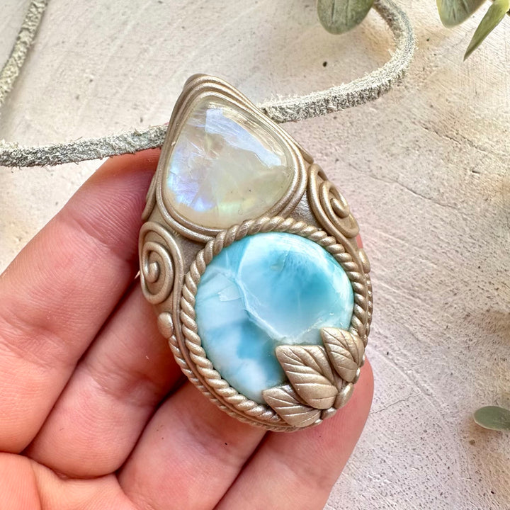 Crystal talisman necklace with larimar and rainbow moonstone ocean energy stones