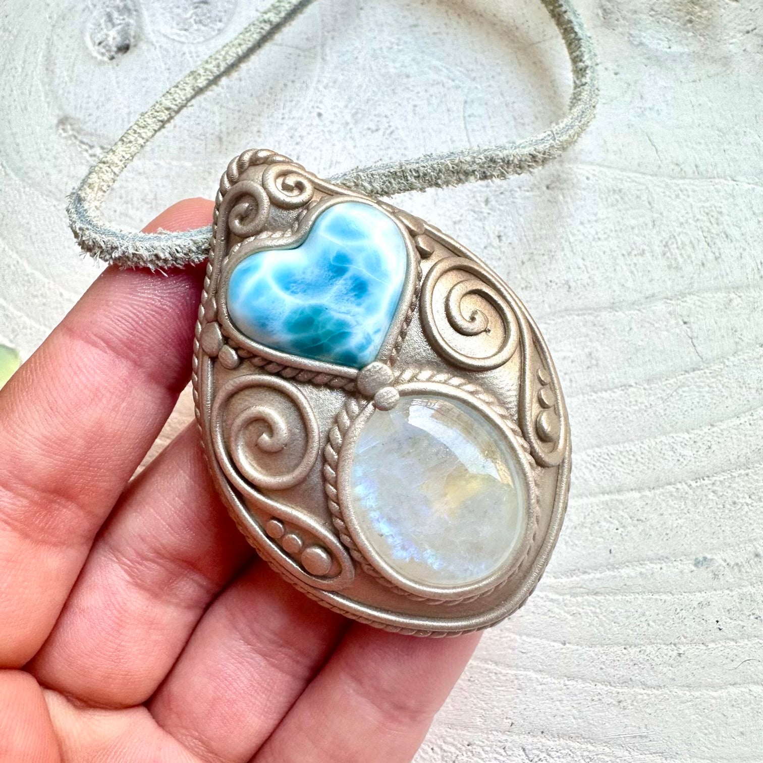 Crystal talisman necklace with larimar heart and moonstone healing stones
