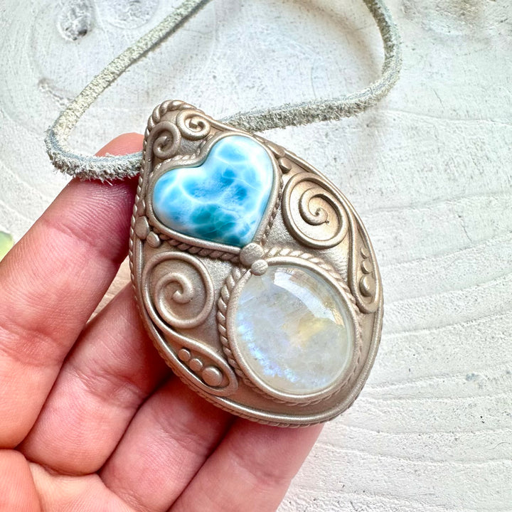 Crystal talisman necklace with larimar heart and moonstone healing stones