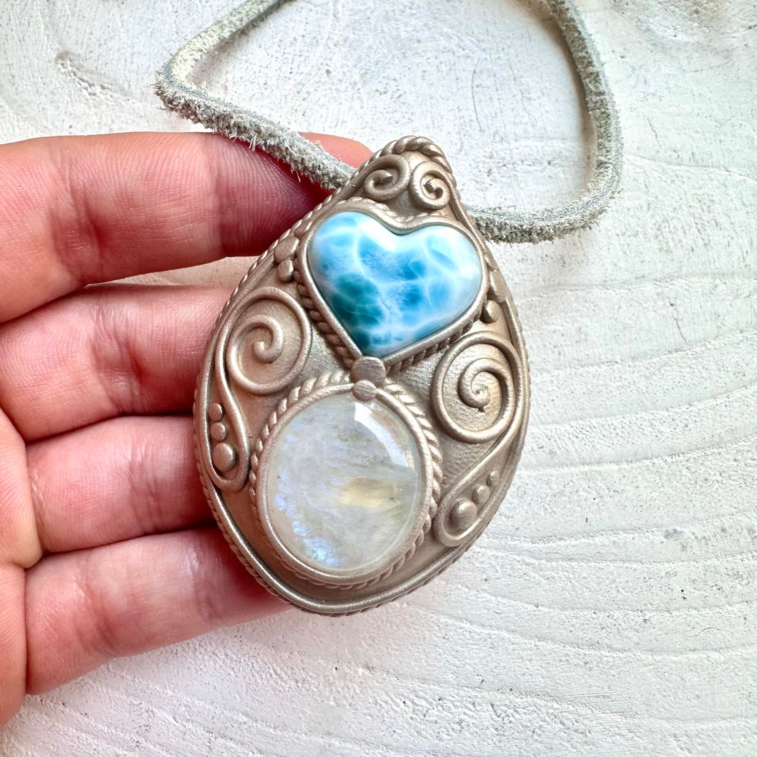 Healing crystal necklace fantasy jewelry larimar moonstone pendant